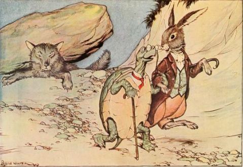 Brer Rabbit, Brer Terrapin, and wolf as illustrated for Joel Chandler Harris’ Uncle Remus tales.