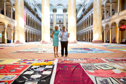 Dr. Jill Biden views sections of the AIDS Memorial Quilt with Julie Rhoad President and CEO, The NAMES Project Foundation at The National Building Museum in Washington, DC 2012. (Official White House Photo by Chuck Kennedy)