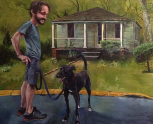 Darren and his dog, Dash. Painting by Jennifer Hartley.