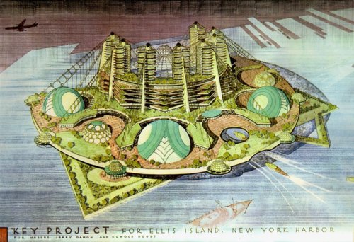 Frank Lloyd Wright's futuristic city concept for Ellis Island.