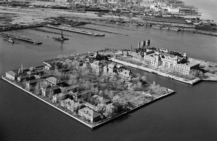 Aerial photo of Ellis Island in the 1970's.